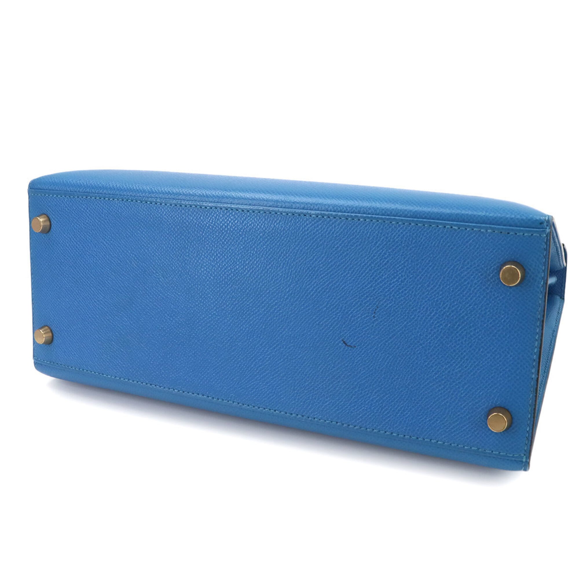 Hermes Kelly 28 2-way Hand/Shoulder Handbag, Courchevel Epsom Leather, Blue France, External Stitching, □A Stamp, Made in 1997, Gold Hardware — Like New