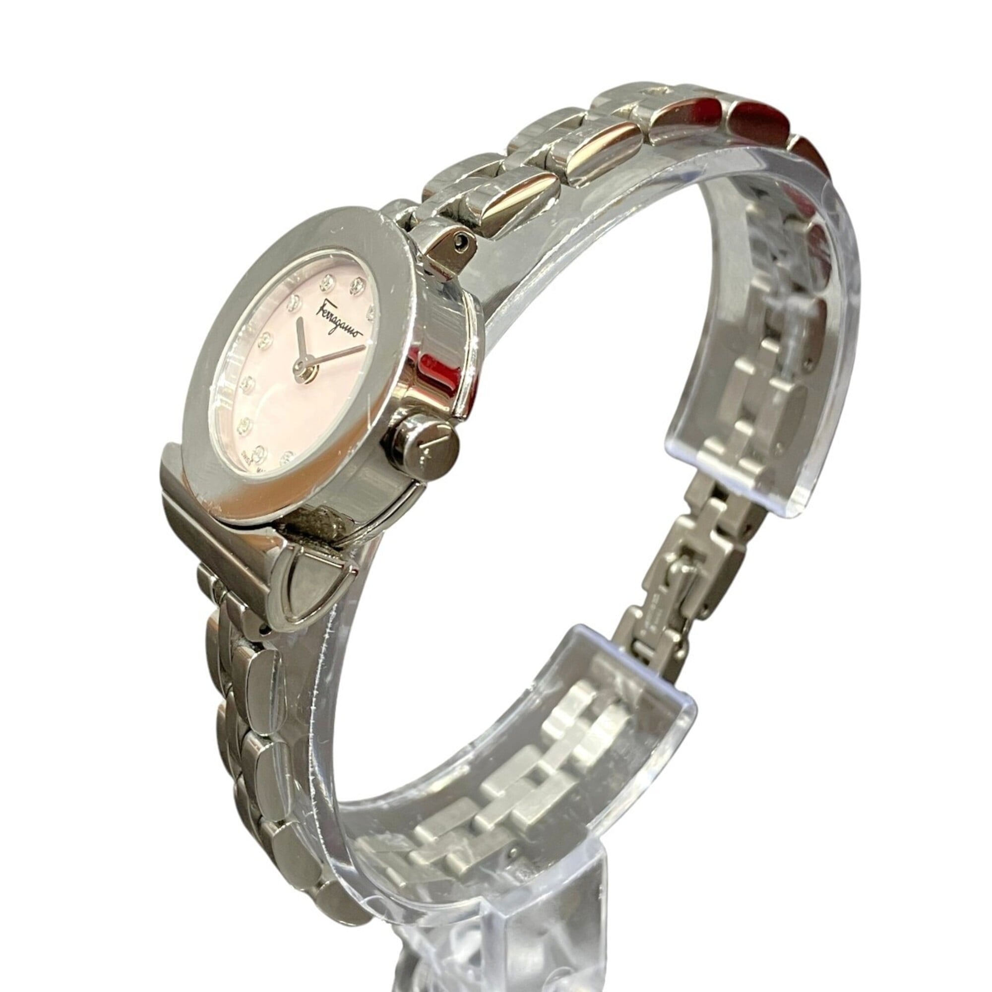 Salvatore Ferragamo Gancini watch, total weight 34.6g, stainless steel, quartz movement, pink mother-of-pearl dial, SFBF00118 — Good