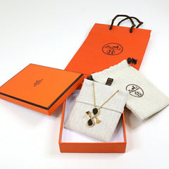 HERMES Col H Necklace Metal GP Yellow Gold 39cm Pendant Swift Leather — New - Store Return