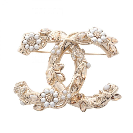Chanel Coco Mark Brooch, Gold Plated, with Faux Pearl and Rhinestones, Women's, White