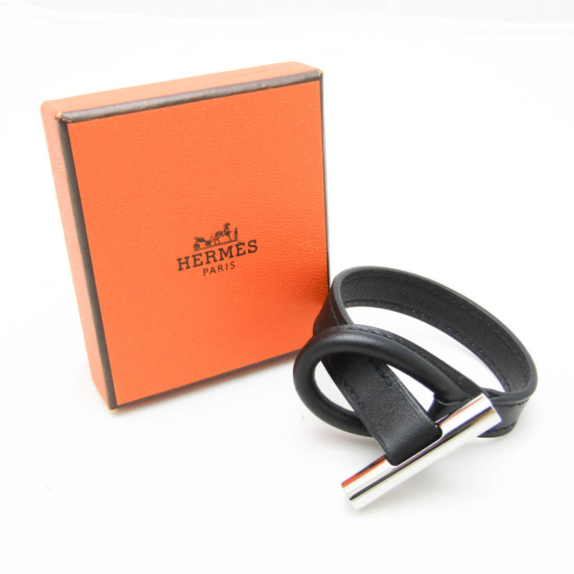Hermes Leather,Metal Bangle Black,Silver — Like New