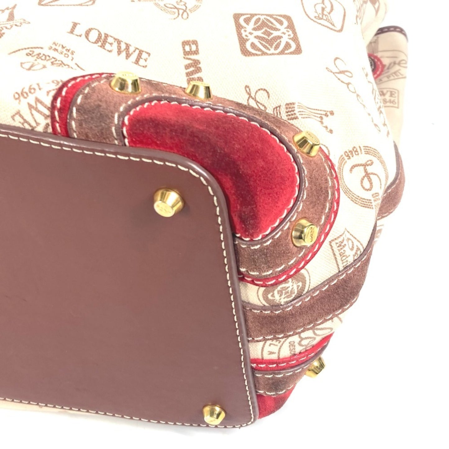 LOEWE 160th Anniversary Logo Anagram Drawstring Bag Shoulder Canvas Leather Women's Beige