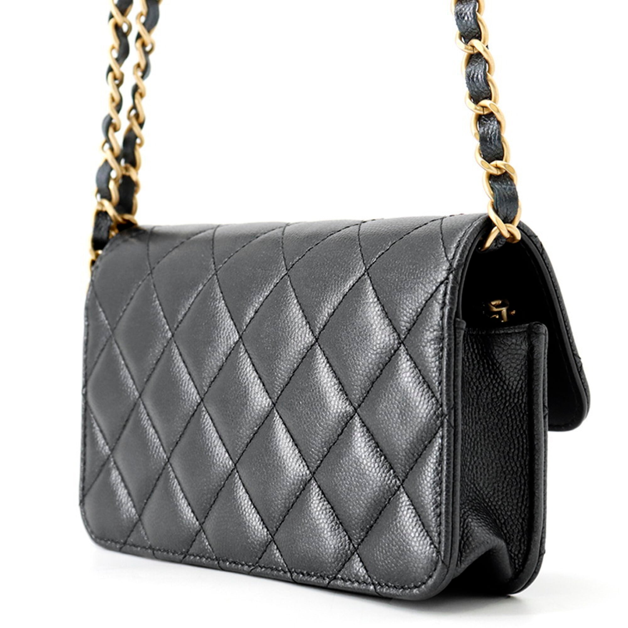 Chanel Chain Shoulder Bag Matelassé Coco Mark Phone Holder Caviar Skin AP3482 CHANEL Smartphone Case Handbag — Like New