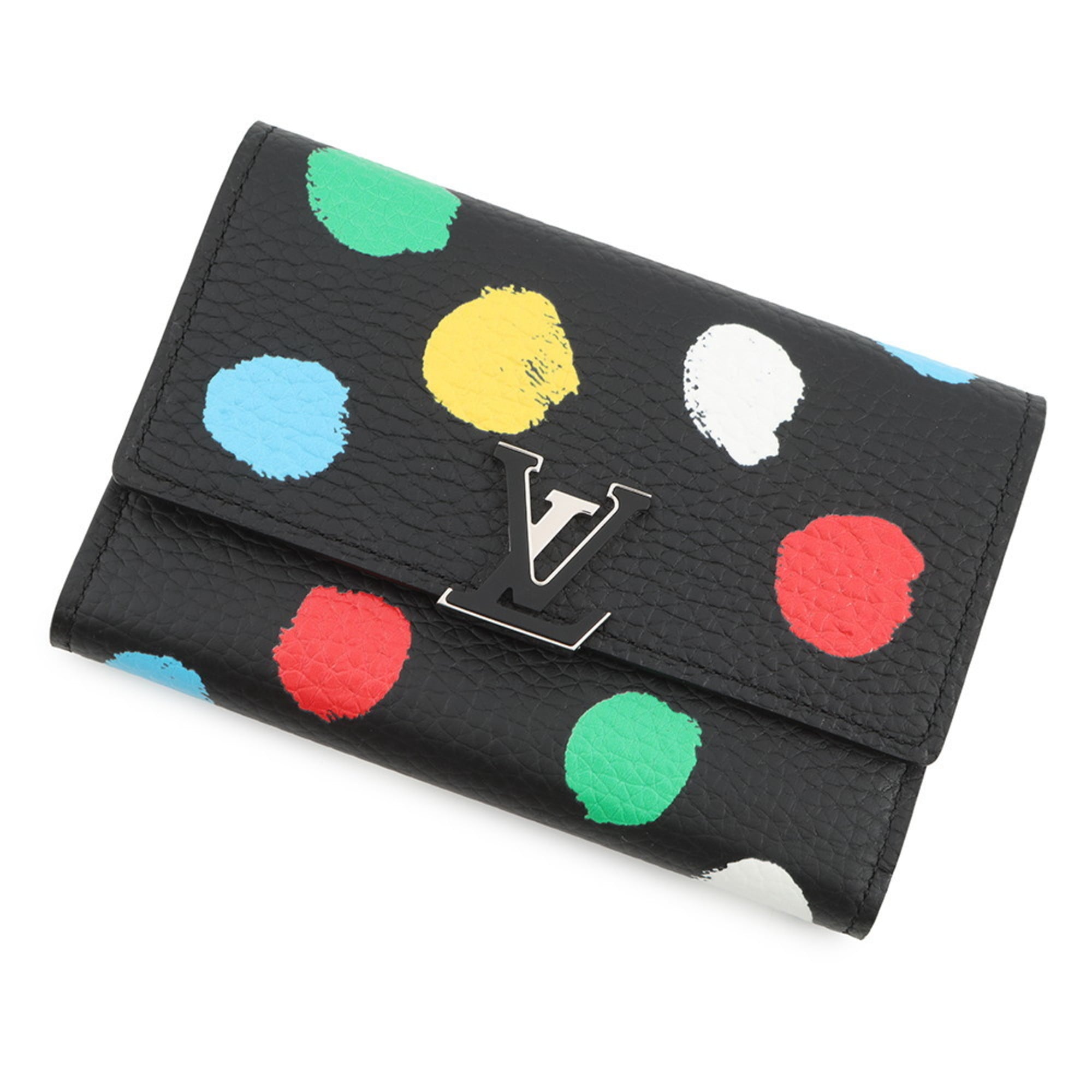 Louis Vuitton Tri-fold Wallet, Taurillon Leather/Painted Dots, LV×YK, Portefeuille Capucines Compact, M81963, Black, Designed by Yayoi Kusama