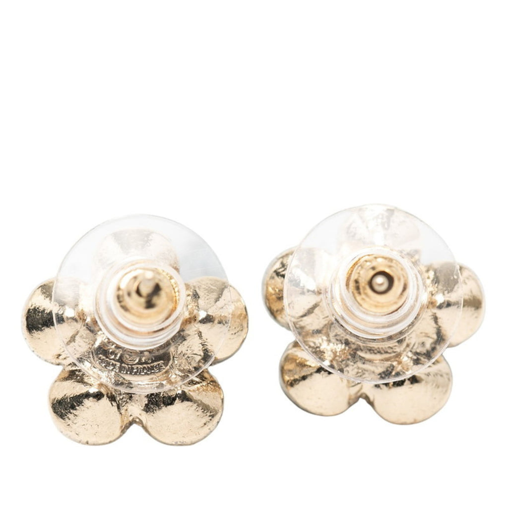 Chanel Coco Mark Flower Motif Earrings, Gold Plated with Rhinestones, Women's