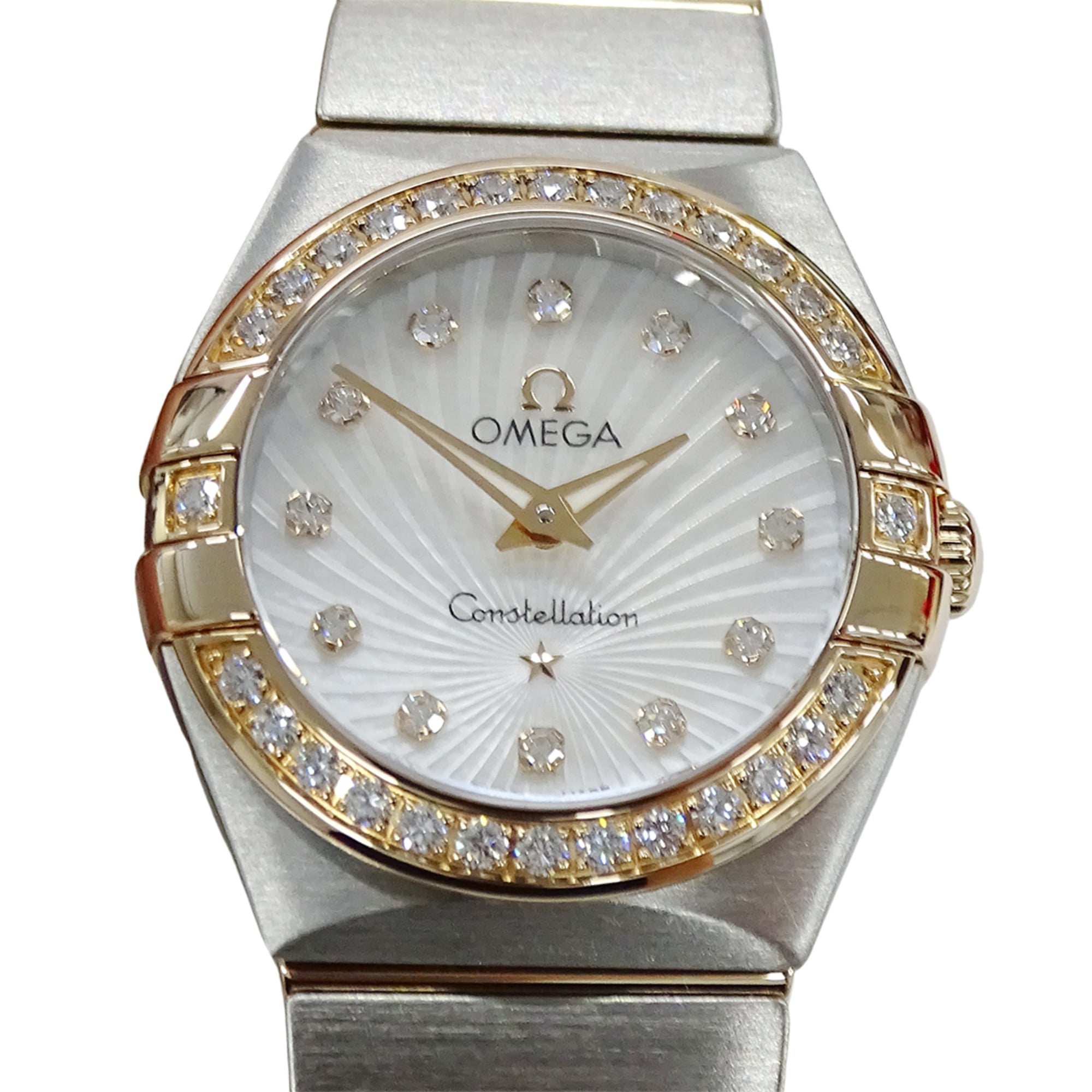 Omega Constellation Brushed 123.25.24.60.55.002 Women's Watch, Brand Name, 12P Diamonds, Mother-of-Pearl, Quartz Movement, Stainless Steel (SS) and Pink Gold (PG) — Good