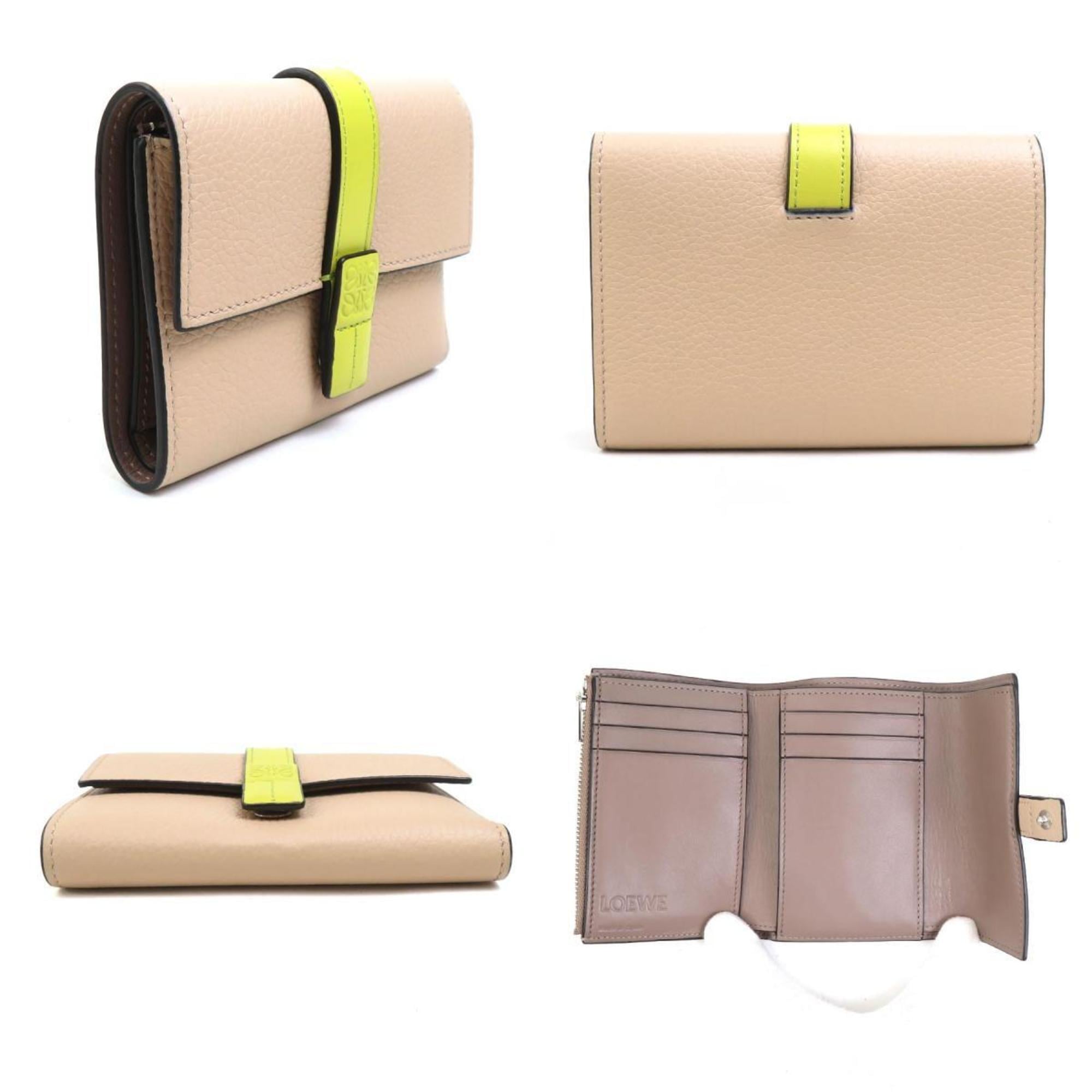 LOEWE Tri-fold Wallet Leather Beige x Yellow Women's h31857j