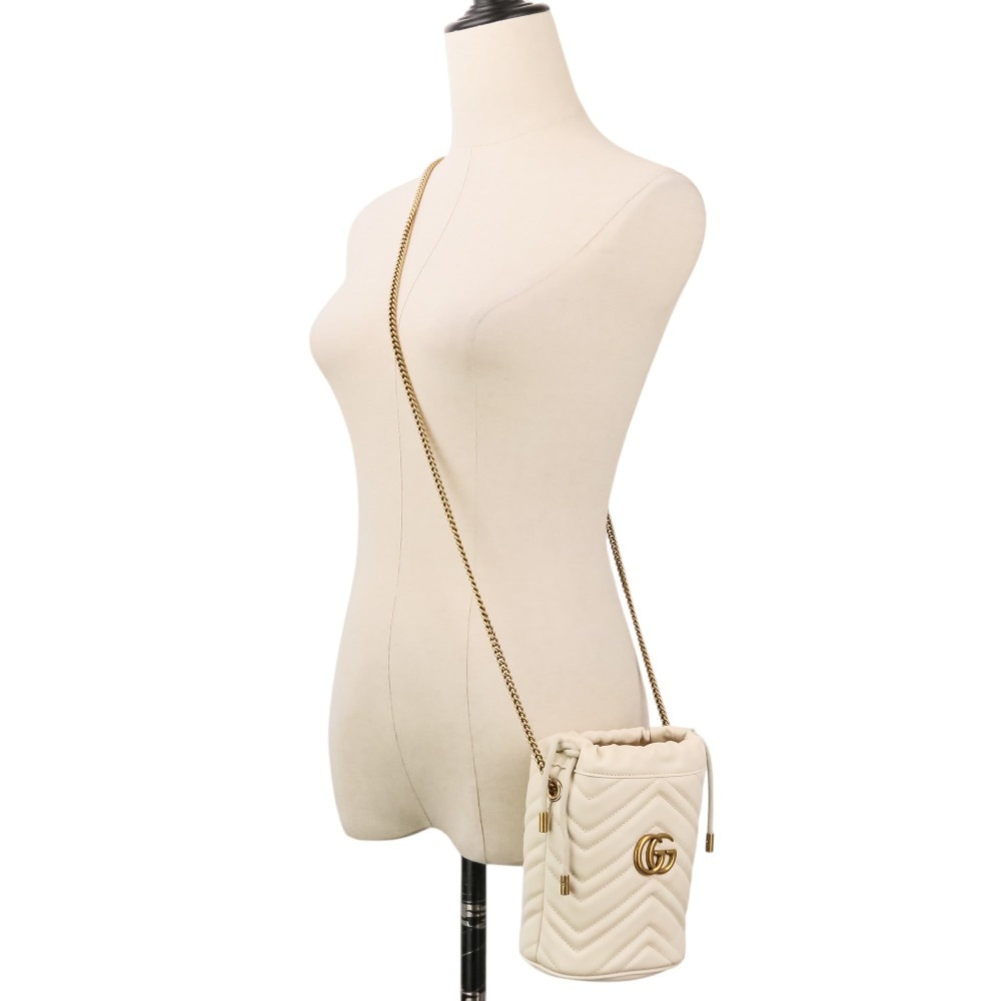 GUCCI GG Marmont Leather Mini Bucket Chain Shoulder Bag 575163 Ivory Women's — Like New