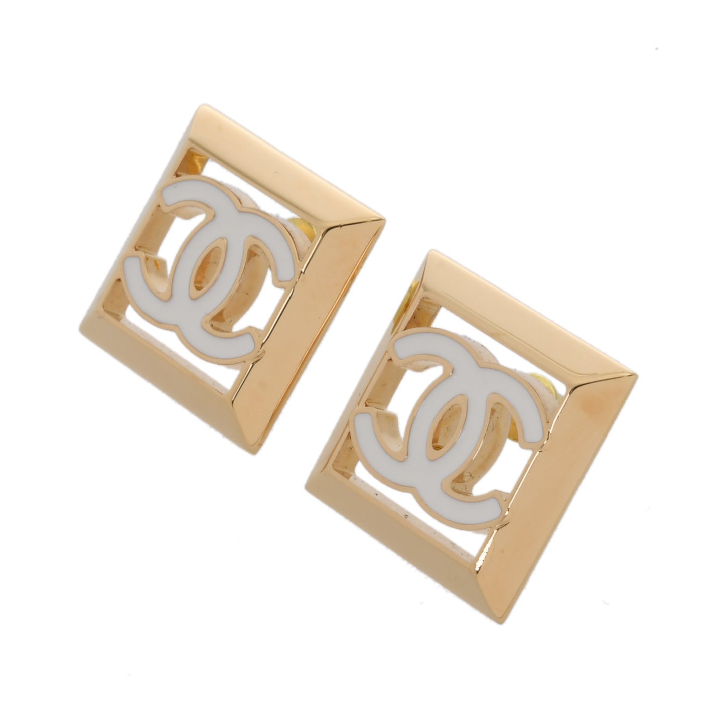 CHANEL Square Logo Earrings, Gold and White, Women's, GP A-Rank, Pre-Owned, Ginzo
