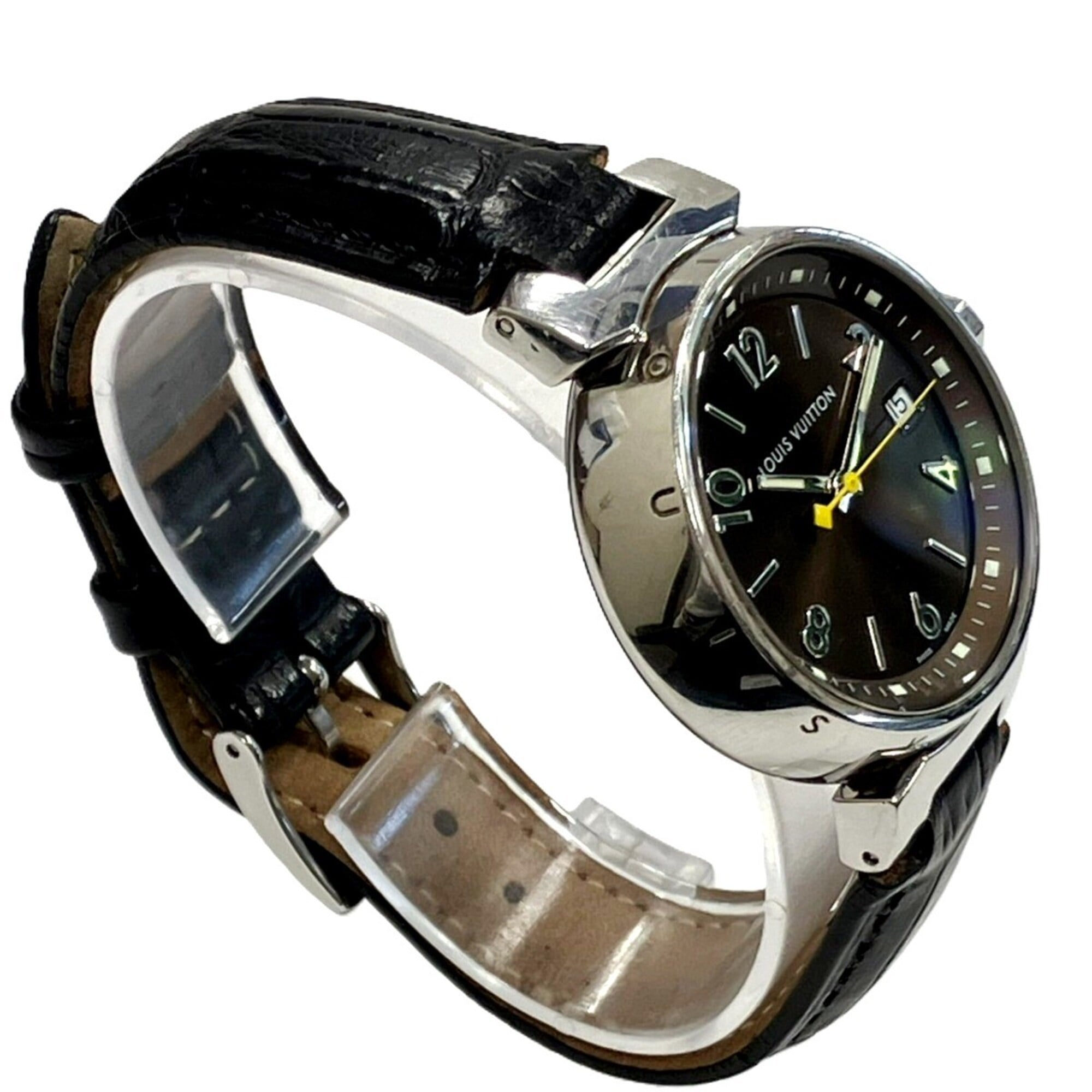 Louis Vuitton Tambour Q1311 Watch, Total Weight 49.5g, Stainless Steel, Genuine Leather Strap, Quartz Movement, Brown Dial — Good