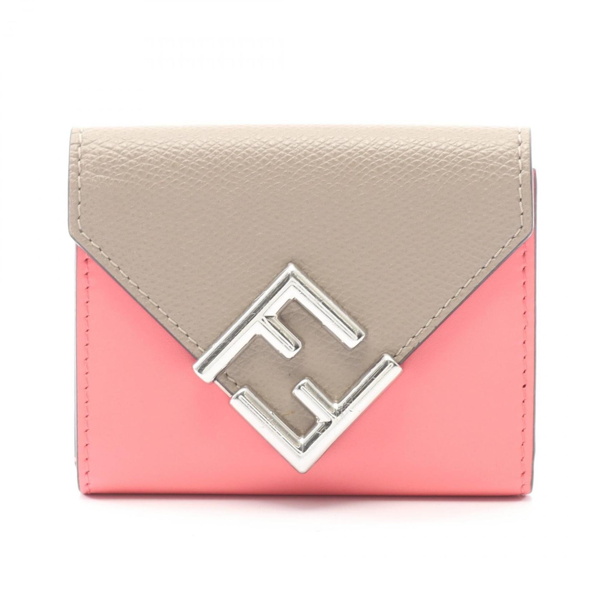 Fendi FF Diamond Tri-fold Wallet, Leather, Women's, Beige and Pink, 8M0480ALWA