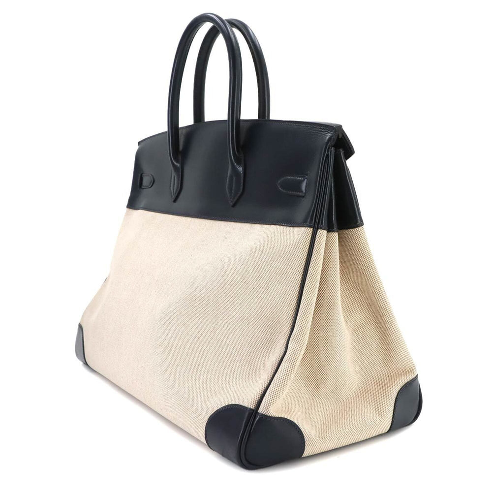 Hermes Birkin 40, Box Calf Leather, Toile H Blue Marine Beige, Handbag, 〇R Stamp, Made in 1988, Gold Hardware — Like New