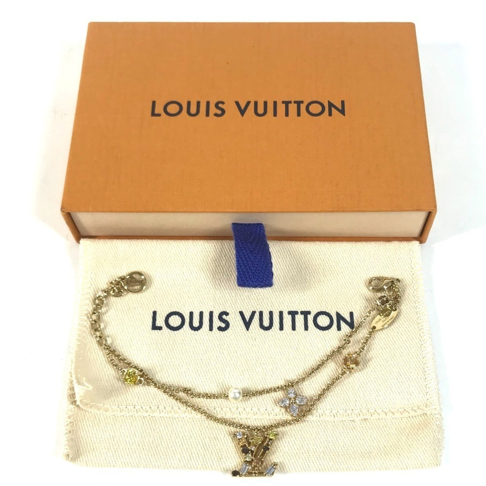 LOUIS VUITTON M1683A Bangle Accessory, Double Strand, Ladies' LV Metal Strass Faux Pearl Rhinestone Chain Bracelet, Metal, Men's & Women's, Gold — Like New