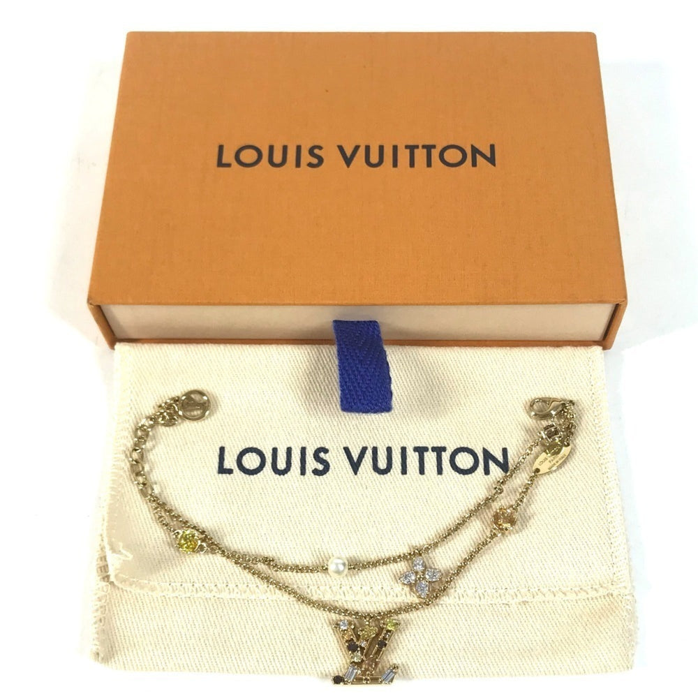 LOUIS VUITTON M1683A Bangle Accessory, Double Strand, Ladies' LV Metal Strass Faux Pearl Rhinestone Chain Bracelet, Metal, Men's & Women's, Gold — Like New