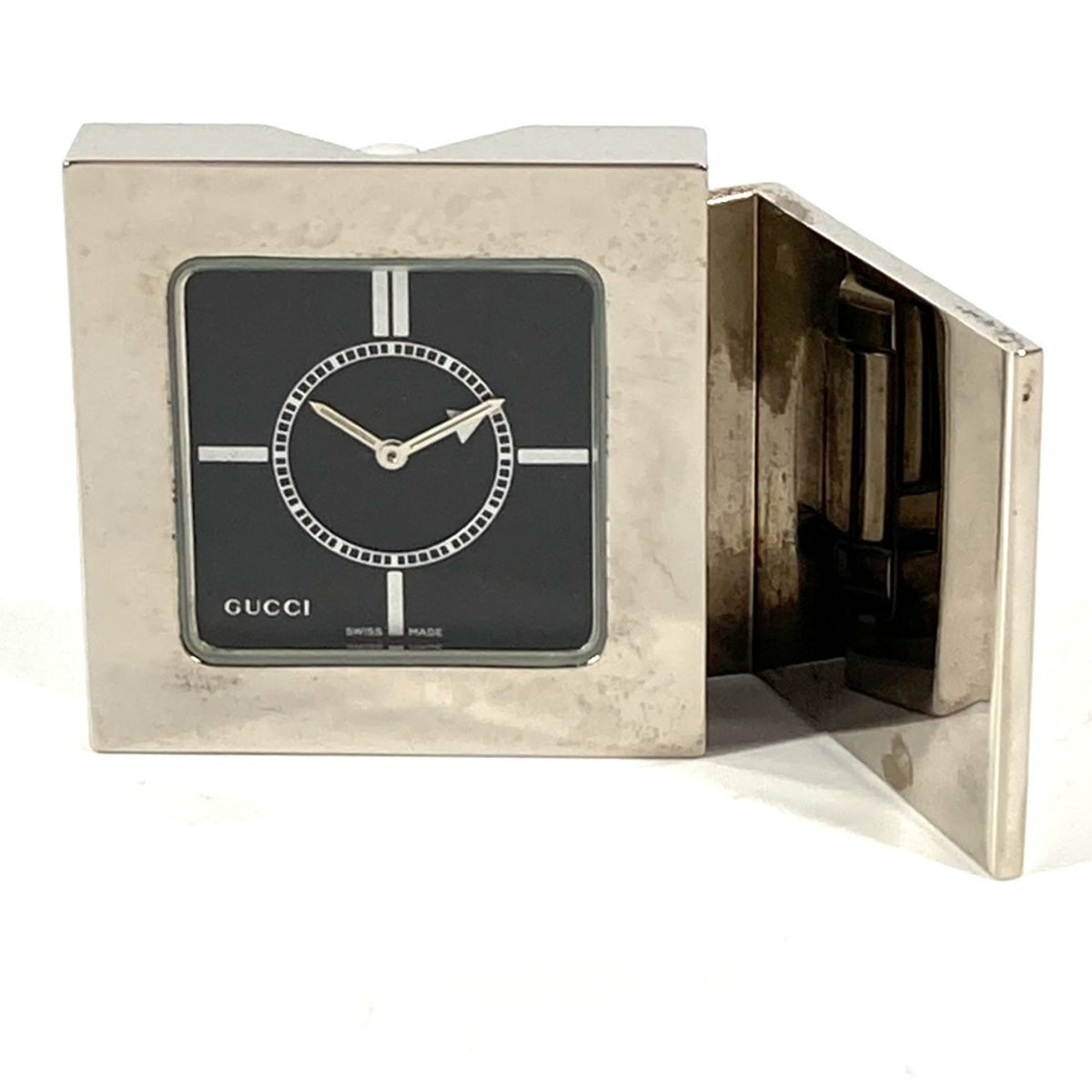 GUCCI REF0840 Logo Travel Watch Interior Table Clock SS Men's Women's Silver — Good