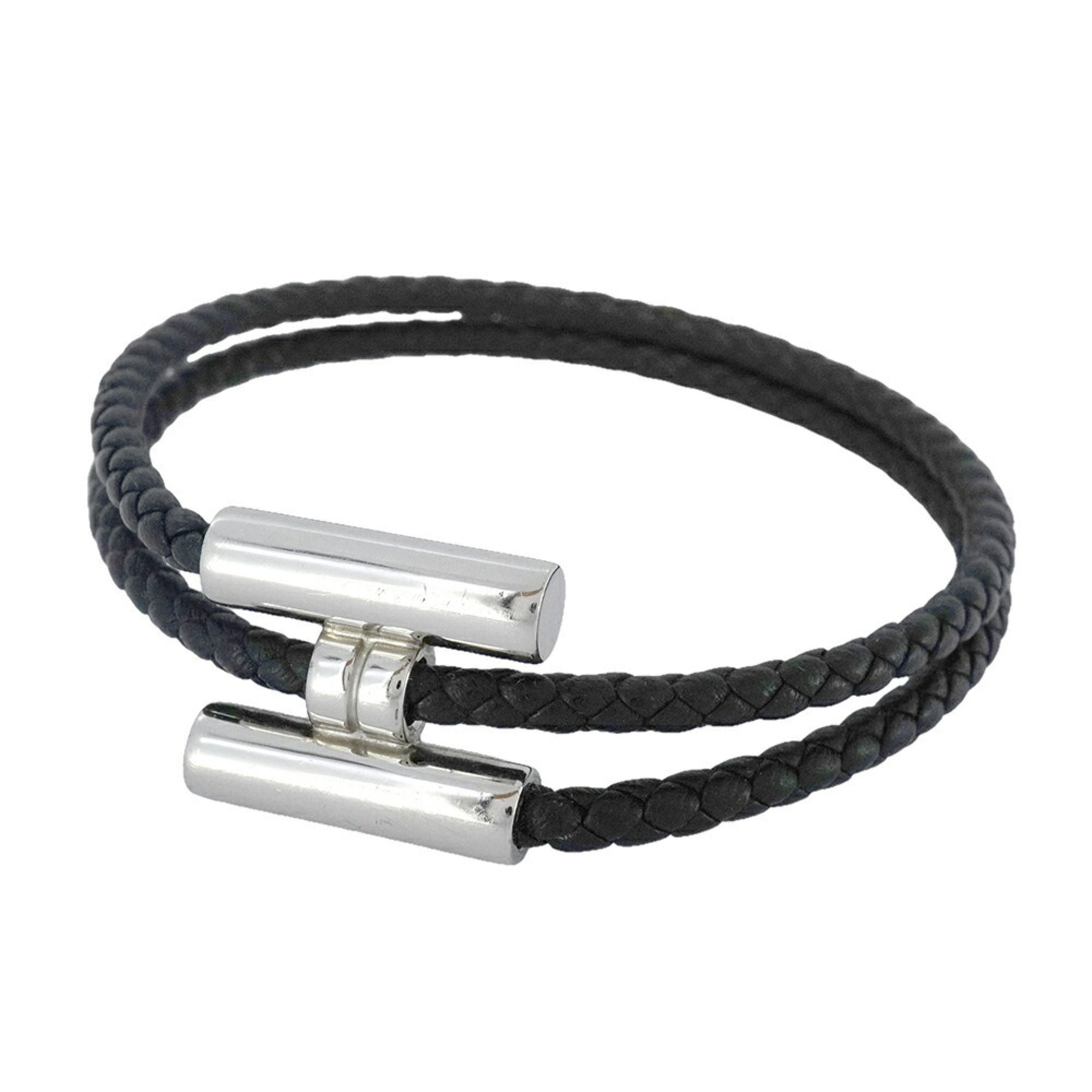 Hermes Tourni Bracelet in Metal, Leather, Silver and Black for Women