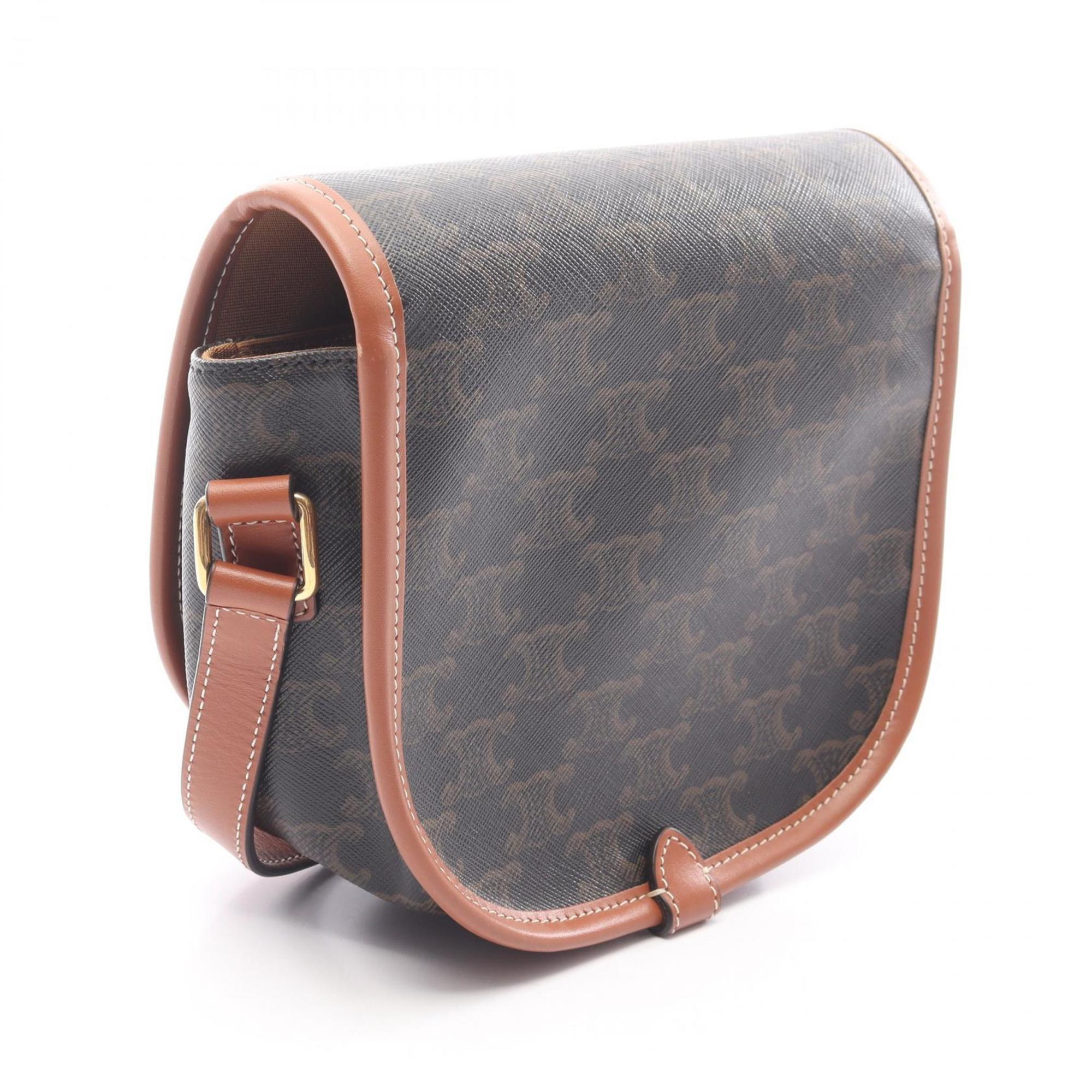 Celine Folco Medium Triomphe Shoulder Bag, Coated Canvas and Leather, Women's, Black Brown