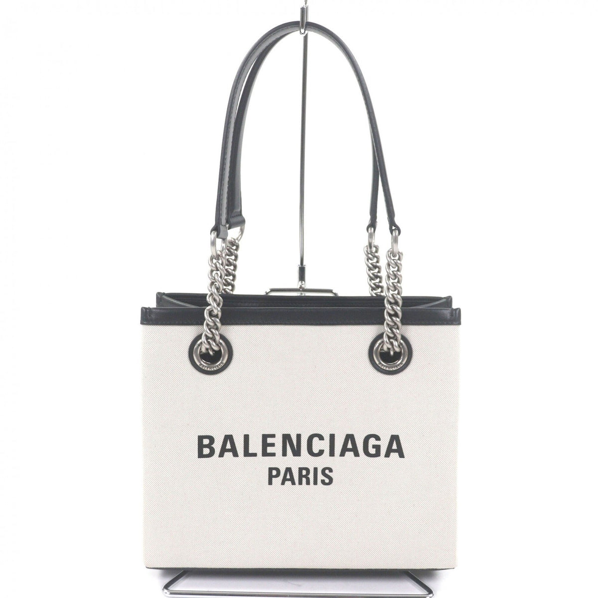 BALENCIAGA 759941 DUTY FREE TOTE S Canvas Leather Logo Print Chain Shoulder Handbag Light Beige Black Comes with Dust Bag Made in Italy Women's — Like New
