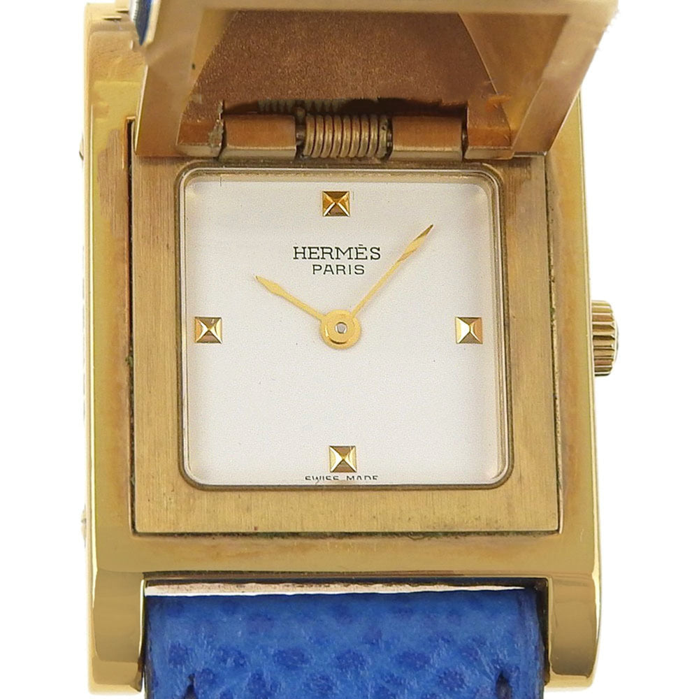 Hermes Medor watch, gold plated x leather, 1994 model, quartz, analog, white dial, women's — Good
