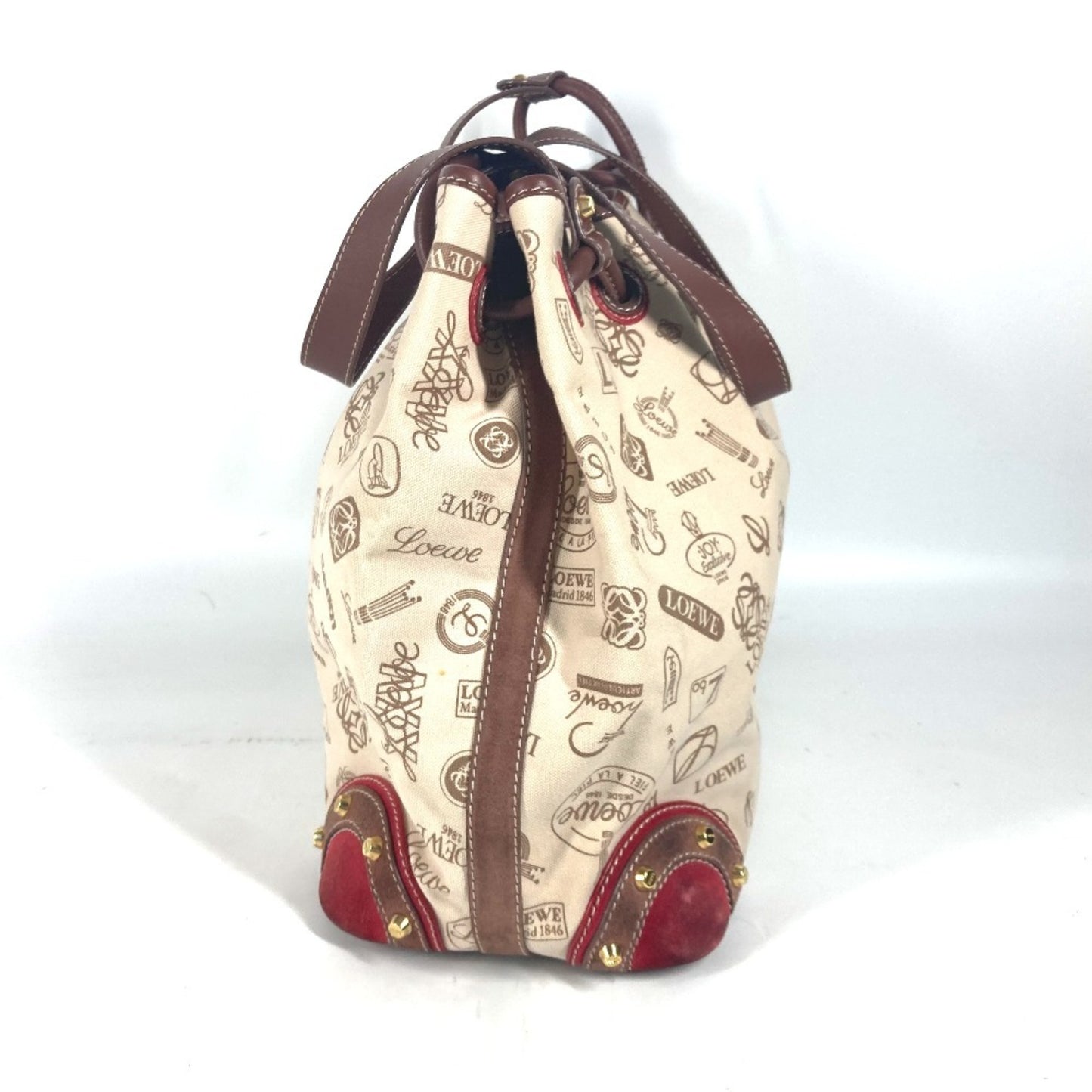 LOEWE 160th Anniversary Logo Anagram Drawstring Bag Shoulder Canvas Leather Women's Beige