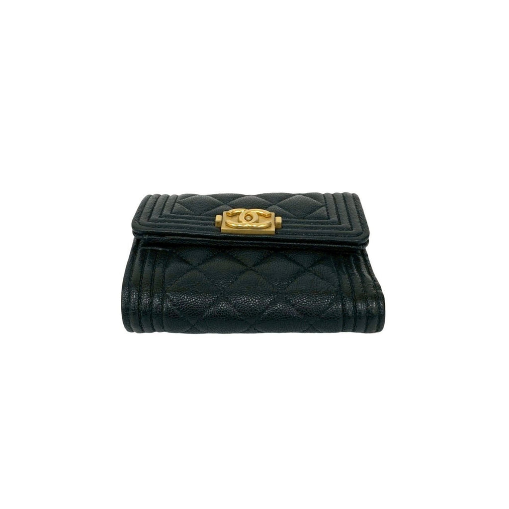 CHANEL Boy Chanel Coco Mark Caviar Leather Tri-fold Wallet, Black, 41144