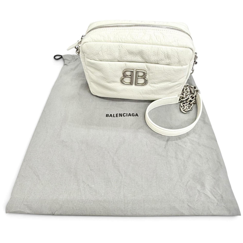 BALENCIAGA 806459 MONACO Arena Calfskin Chain Shoulder Bag, White with Silver Hardware, Women's, Dust Bag — Like New