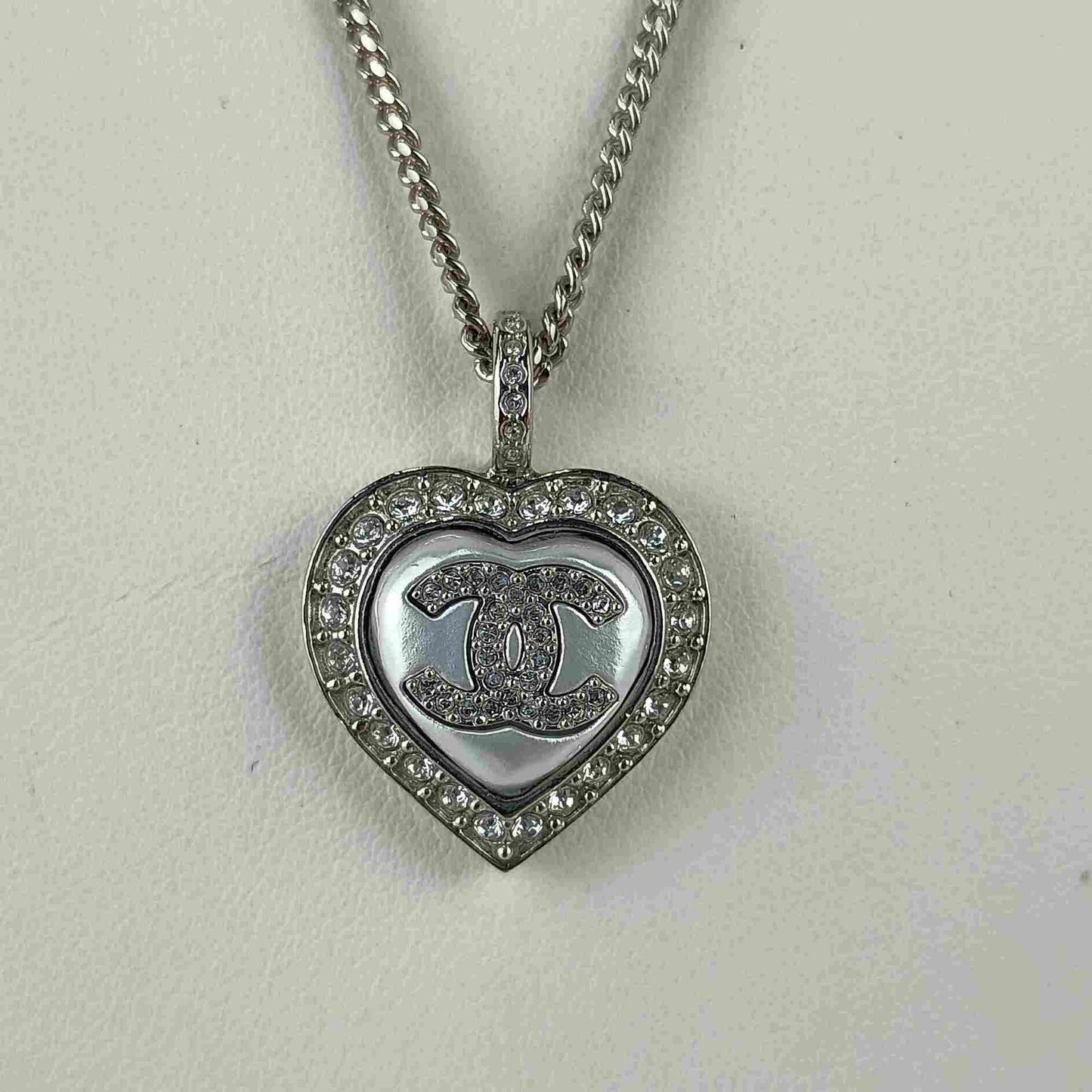 CHANEL Coco Mark Heart Necklace ABB617, Silver Metal with Rhinestones and Faux Pearls, Women's