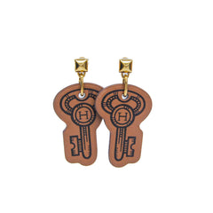 Hermes H Curiosité Cre Leather,Metal Drop Earrings Brown — Like New