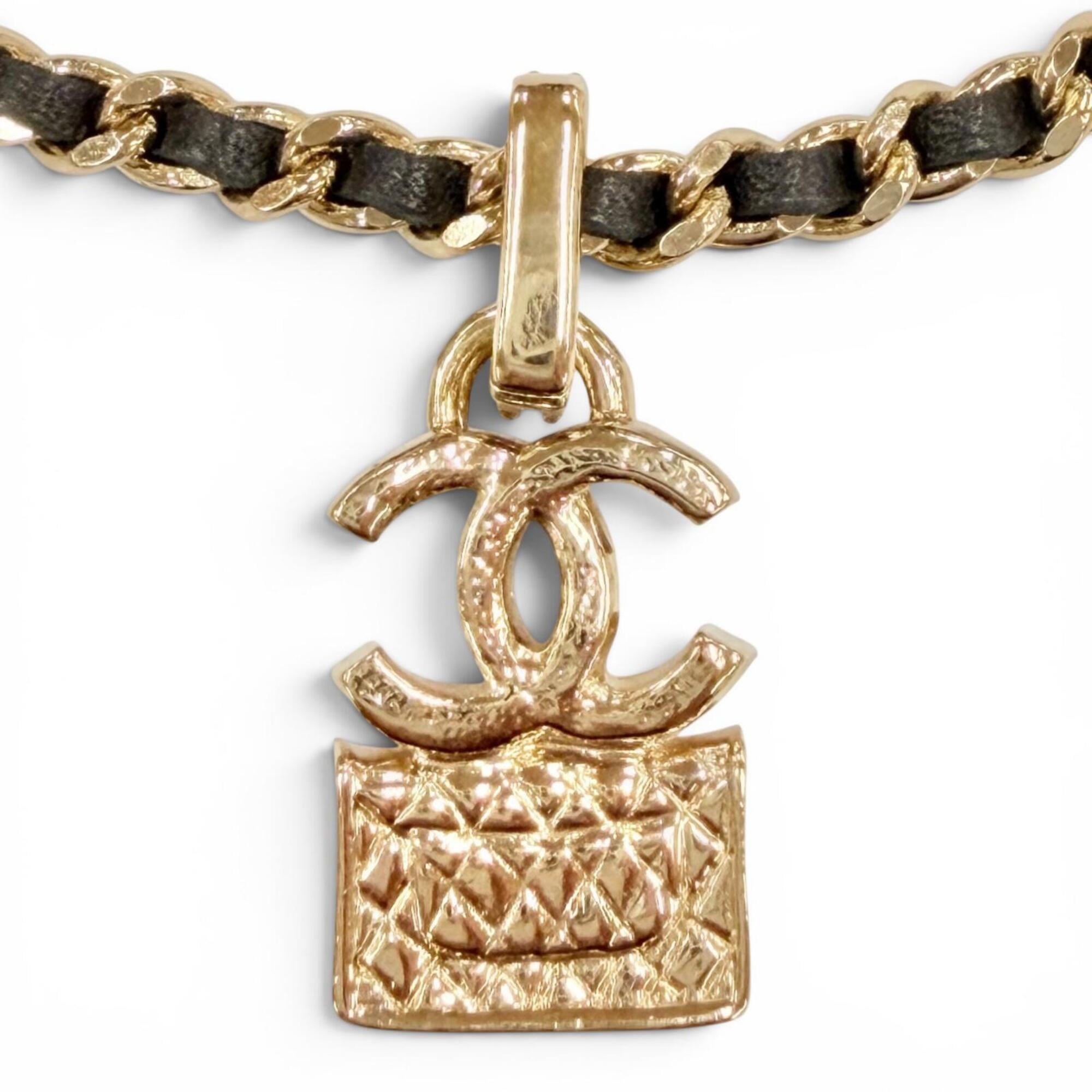 CHANEL A23B ABB548 Rhinestone Coco Mark Matelassé Bag Motif Chain Necklace, Gold & Black, Made in France, Women's — Like New
