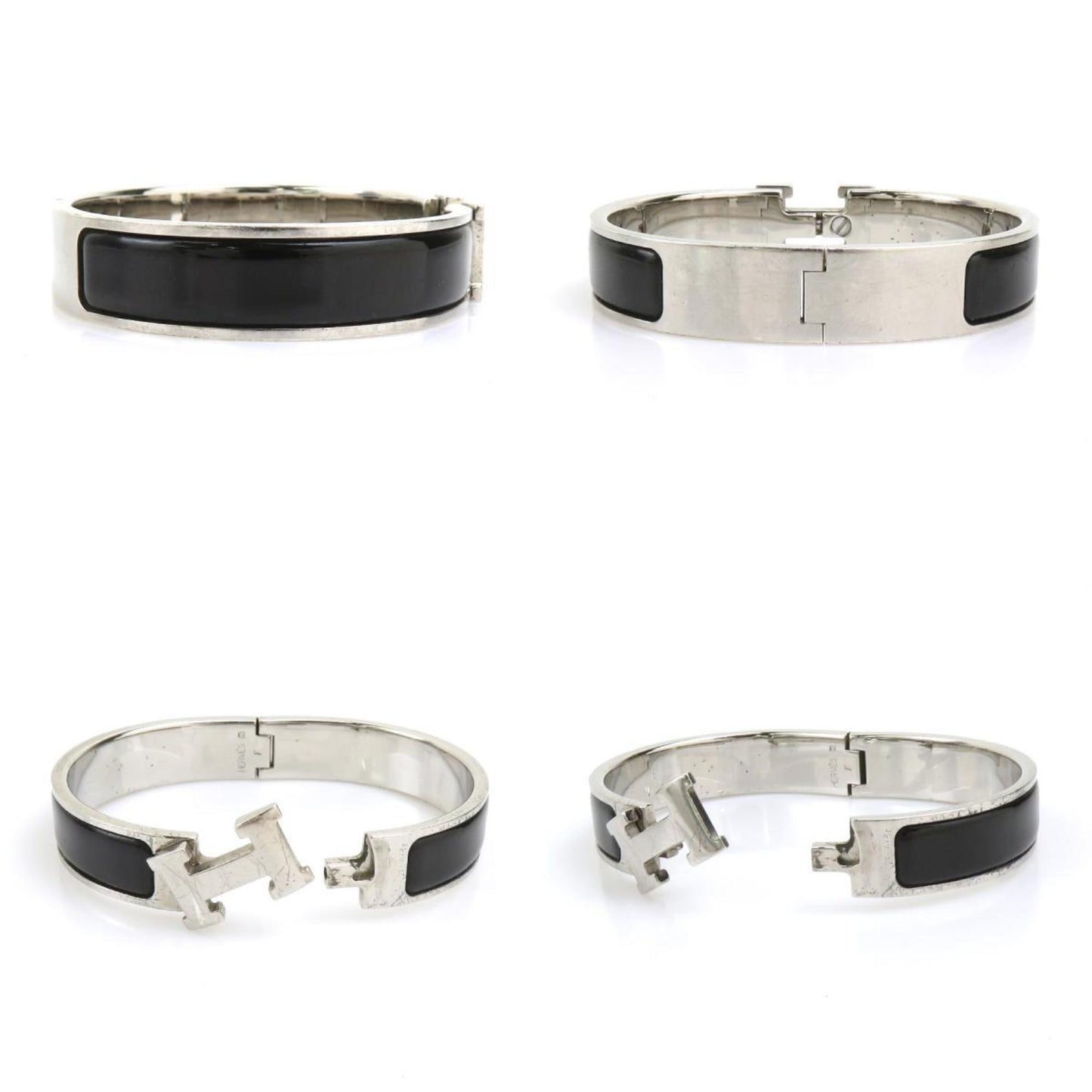 Hermes Hermès Click-Clack Metal Enamel Bangle Bracelet in Silver and Black for Women (e60747a)