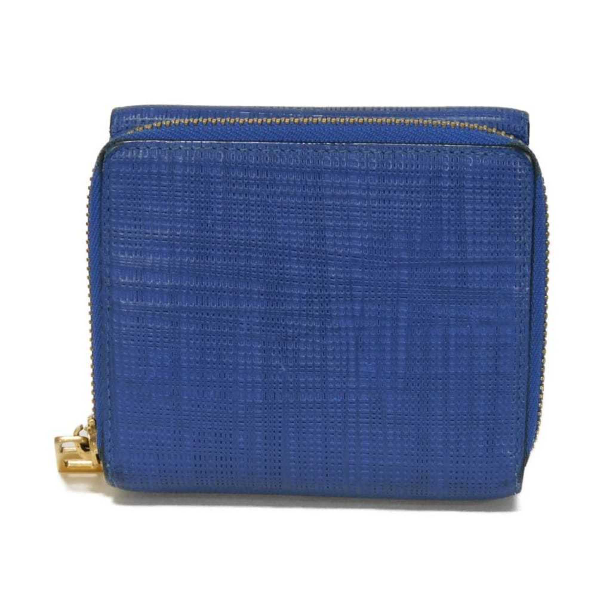 LOEWE Tri-fold Wallet, Linen, Zip, Compact, Textured Calfskin, Round, Anagram Embossed, Blue, Men's and Women's