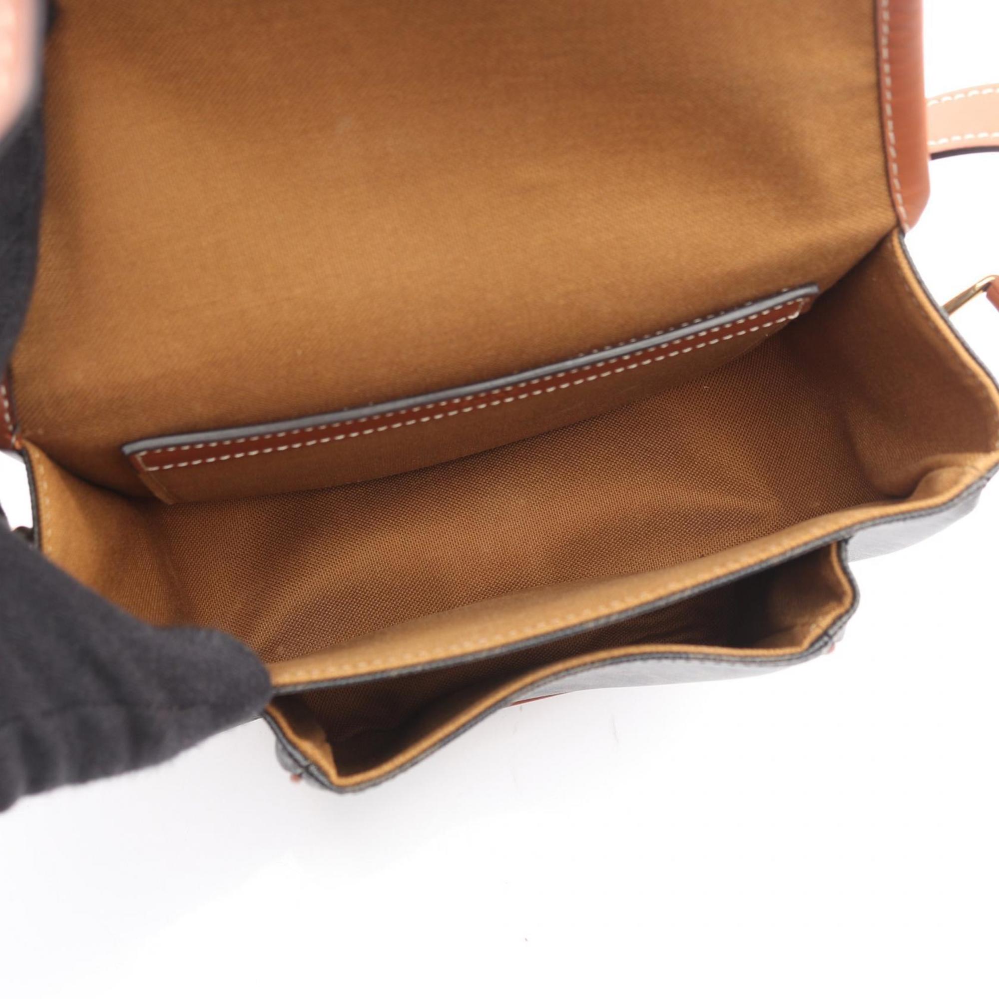 Celine Folco Medium Triomphe Shoulder Bag in PVC-Coated Canvas and Leather, Black/Brown