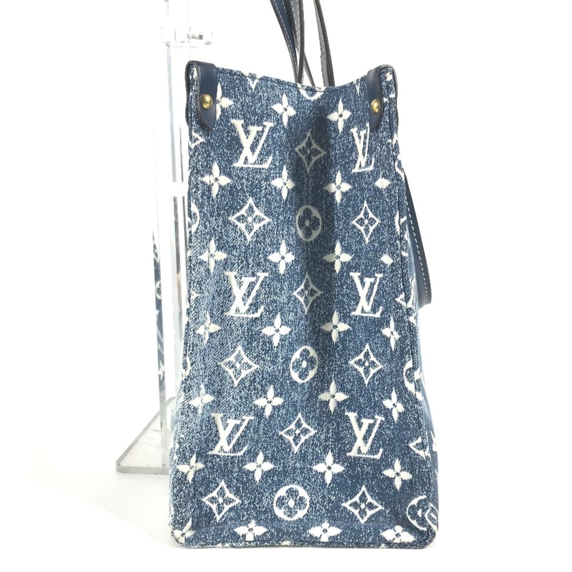 LOUIS VUITTON M59608 Monogram Denim Jacquard On the Go MM Bag Tote Shoulder Canvas Leather Women's Marine Blue D-240804-17 — Like New