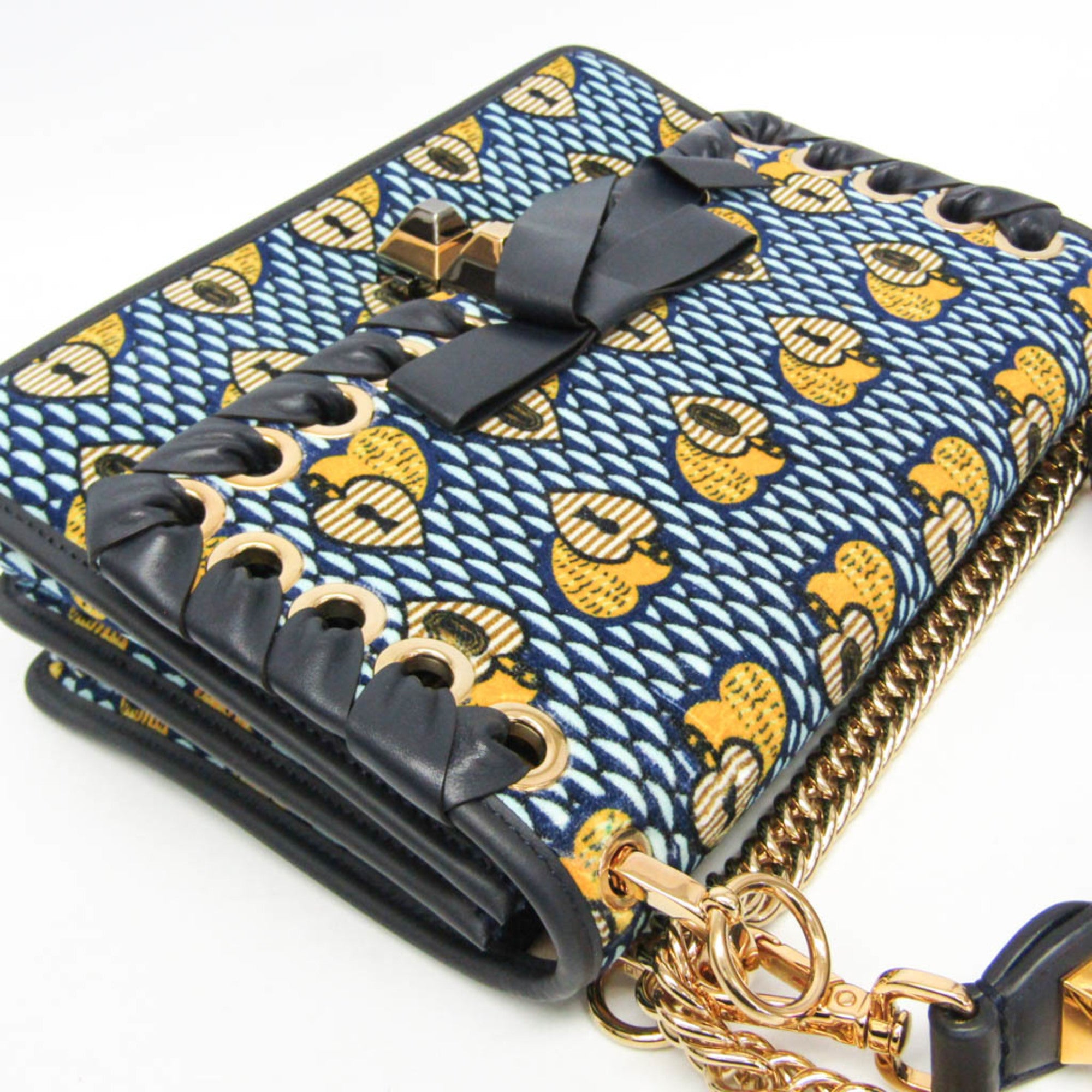 Fendi KAN I 8BT283 Women's Velvet,Leather Handbag,Shoulder Bag Light Blue,Navy,Yellow — Like New