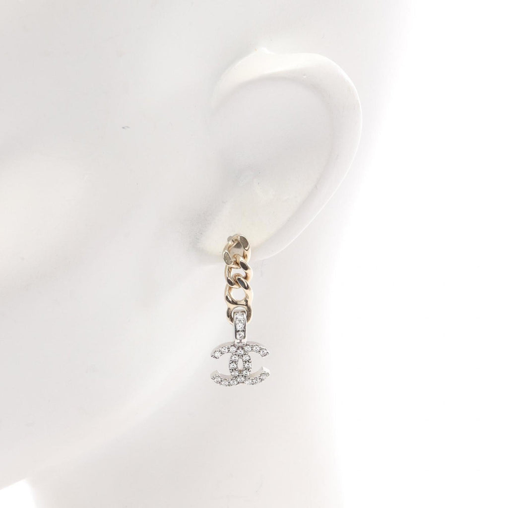 CHANEL Coco Mark Earrings in Gold-Plated Stainless Steel with Rhinestones, Available Gold, Silver, and Clear.