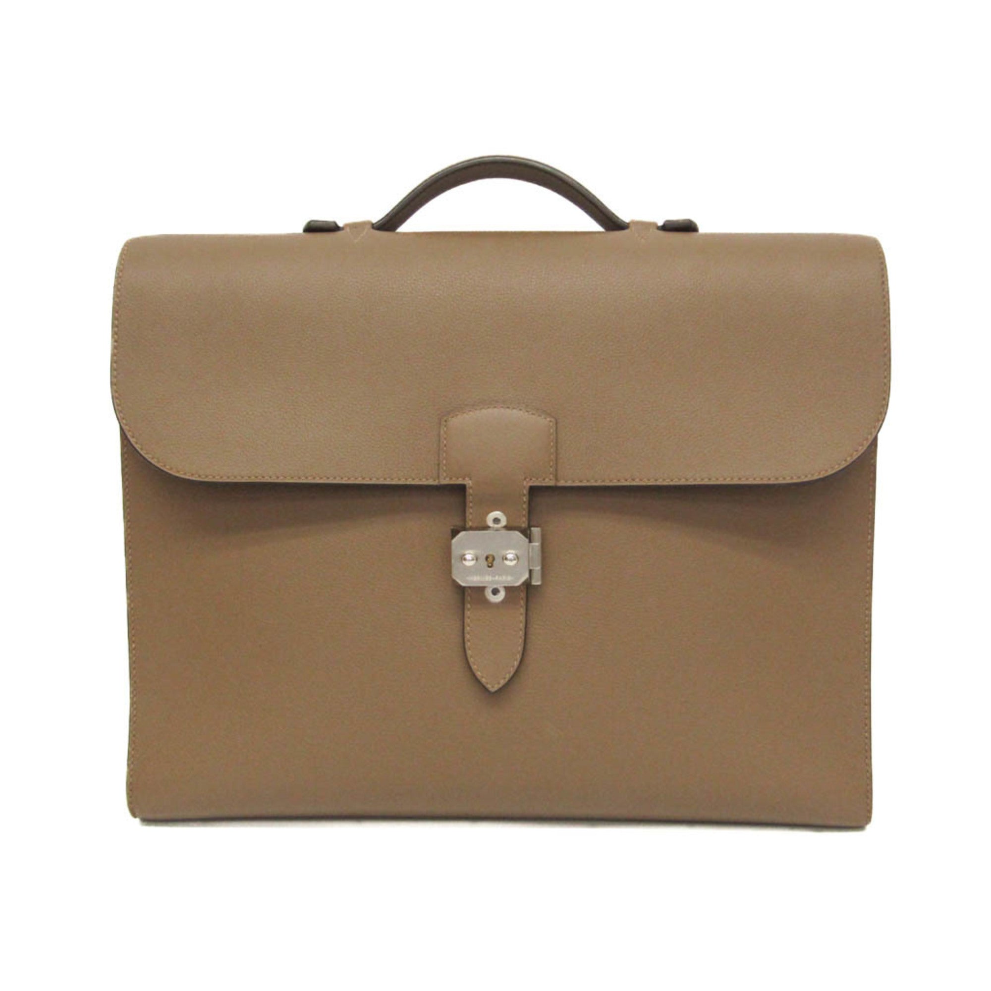 Hermes Sac A Depeche Men's Taurillon Clemence Leather Briefcase,Document Case Etoupe Gray — Like New
