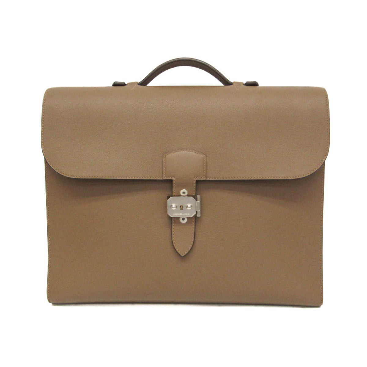 Hermes Sac A Depeche Men's Taurillon Clemence Leather Briefcase,Document Case Etoupe Gray — Like New