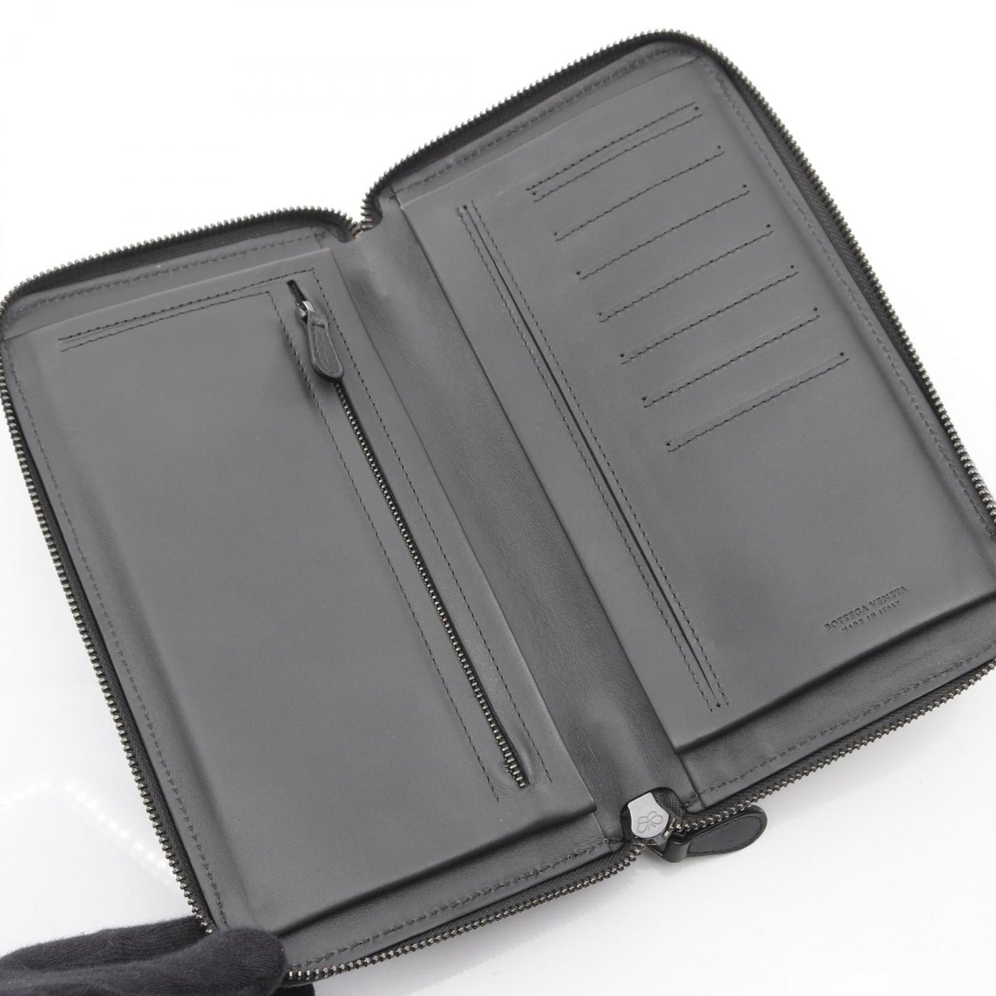 Bottega Veneta Intrecciato Leather Round Long Wallet for Men, Gray