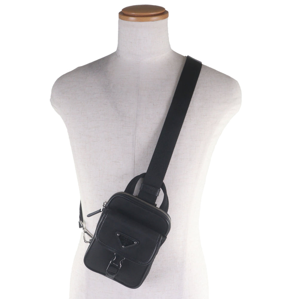 PRADA 2ZH194 Saffiano Leather Nylon Re-Nylon Triangle Logo Plate Smartphone Case Body Bag Black Silver Hardware Made in Italy Men's — Like New