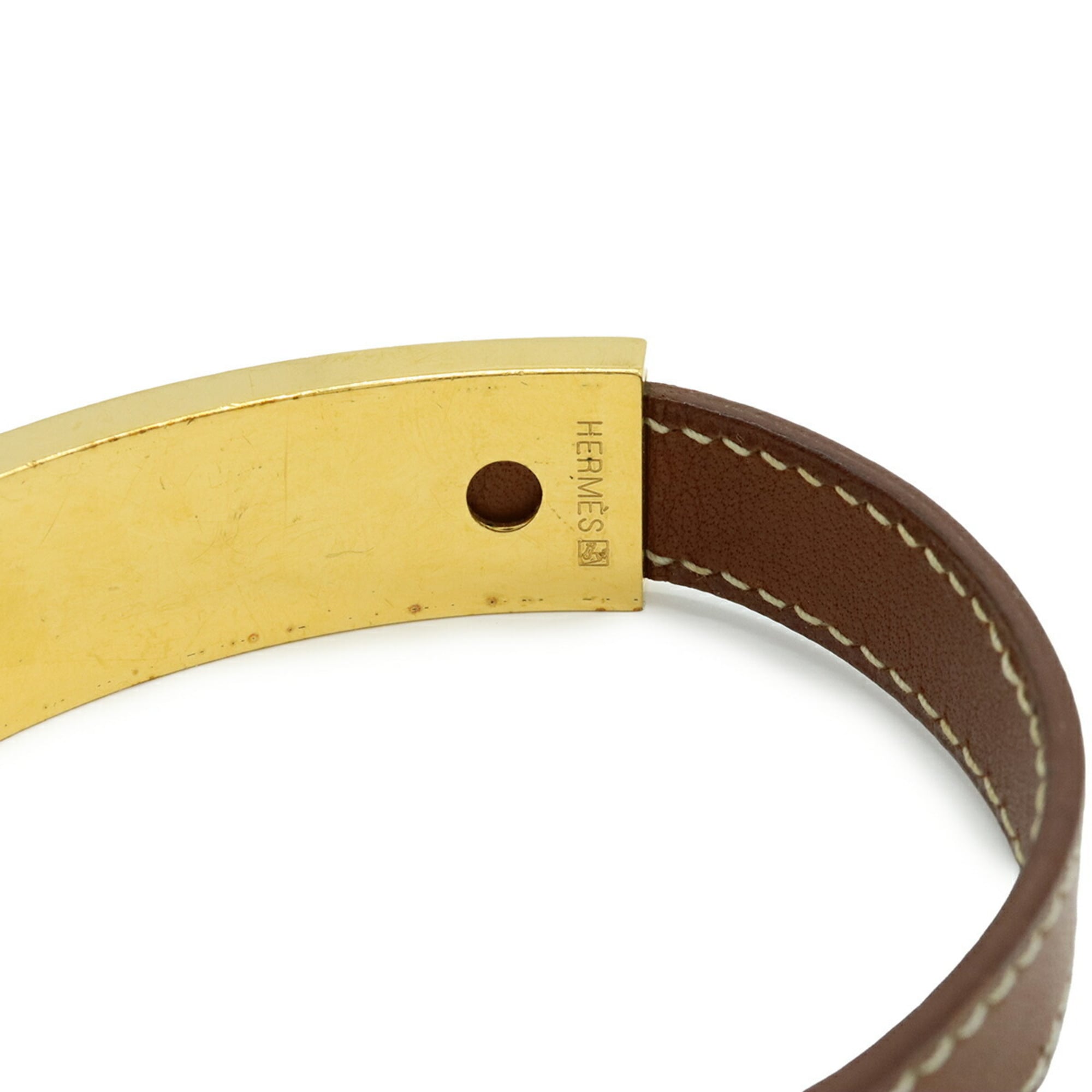 HERMES Puspus Bracelet Bangle Leather GP Brown □F Stamp