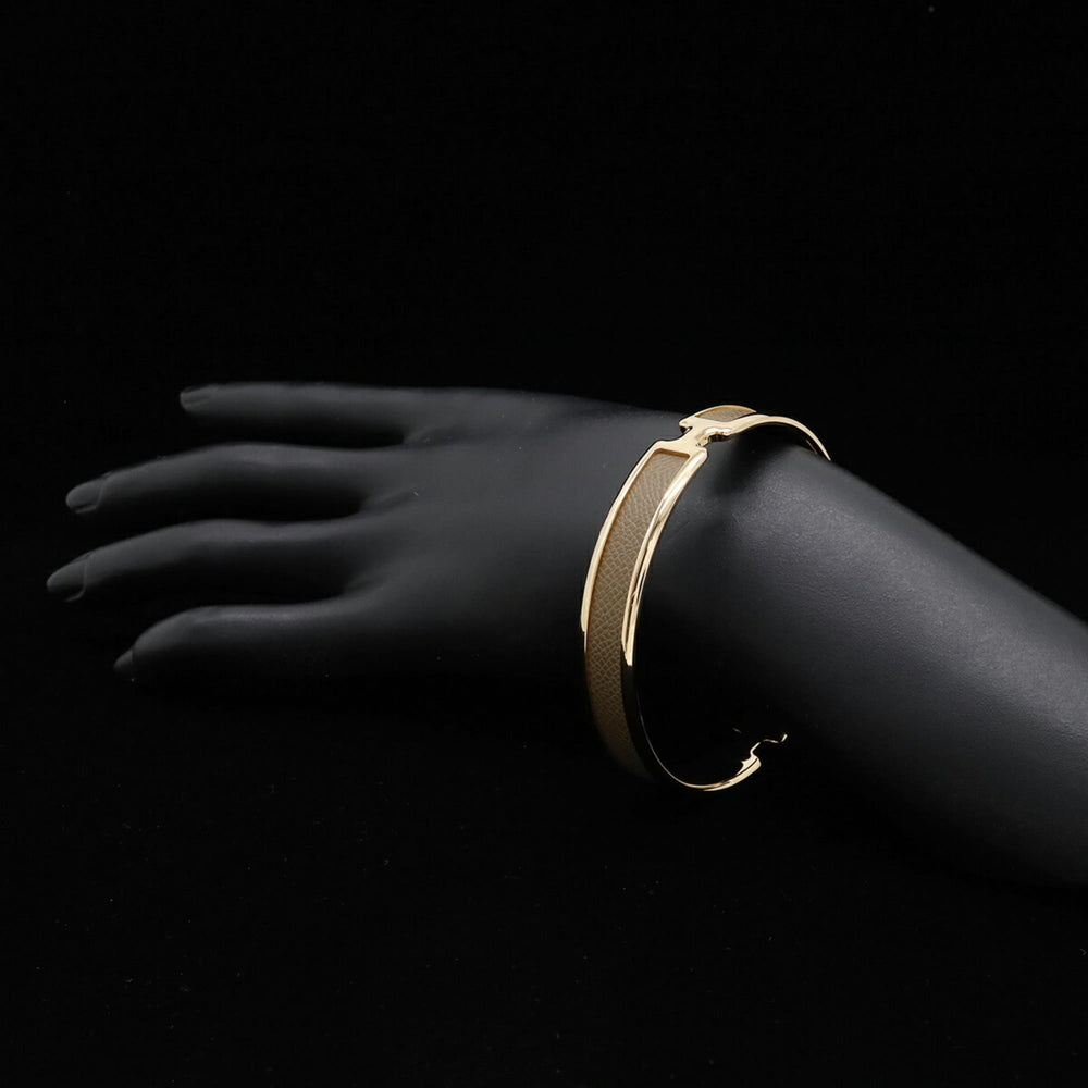HERMES Olympe Bracelet Bangle Yellow Gold Plated Leather Greige Golden — Like New