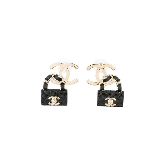 CHANEL earrings with Coco Mark and Matelasse bag motif, black
