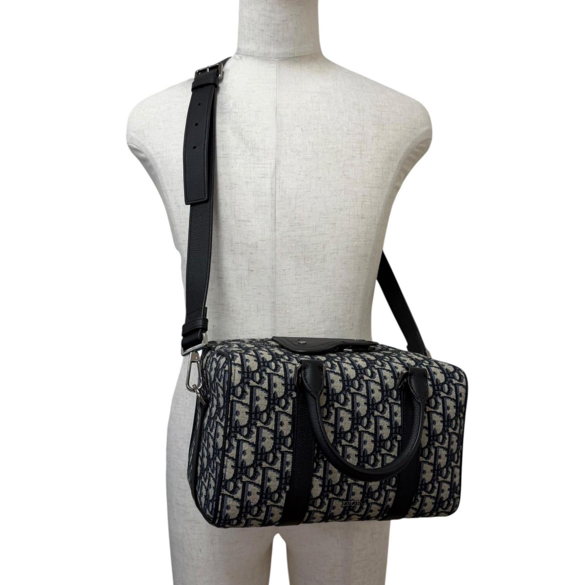 DIOR Homme 1ADDU114 Lango 26 Leather Oblique Jacquard Saddle 2-Way Shoulder Bag, Beige/Navy, Made in Italy, Men's, with Dust Bag — Like New