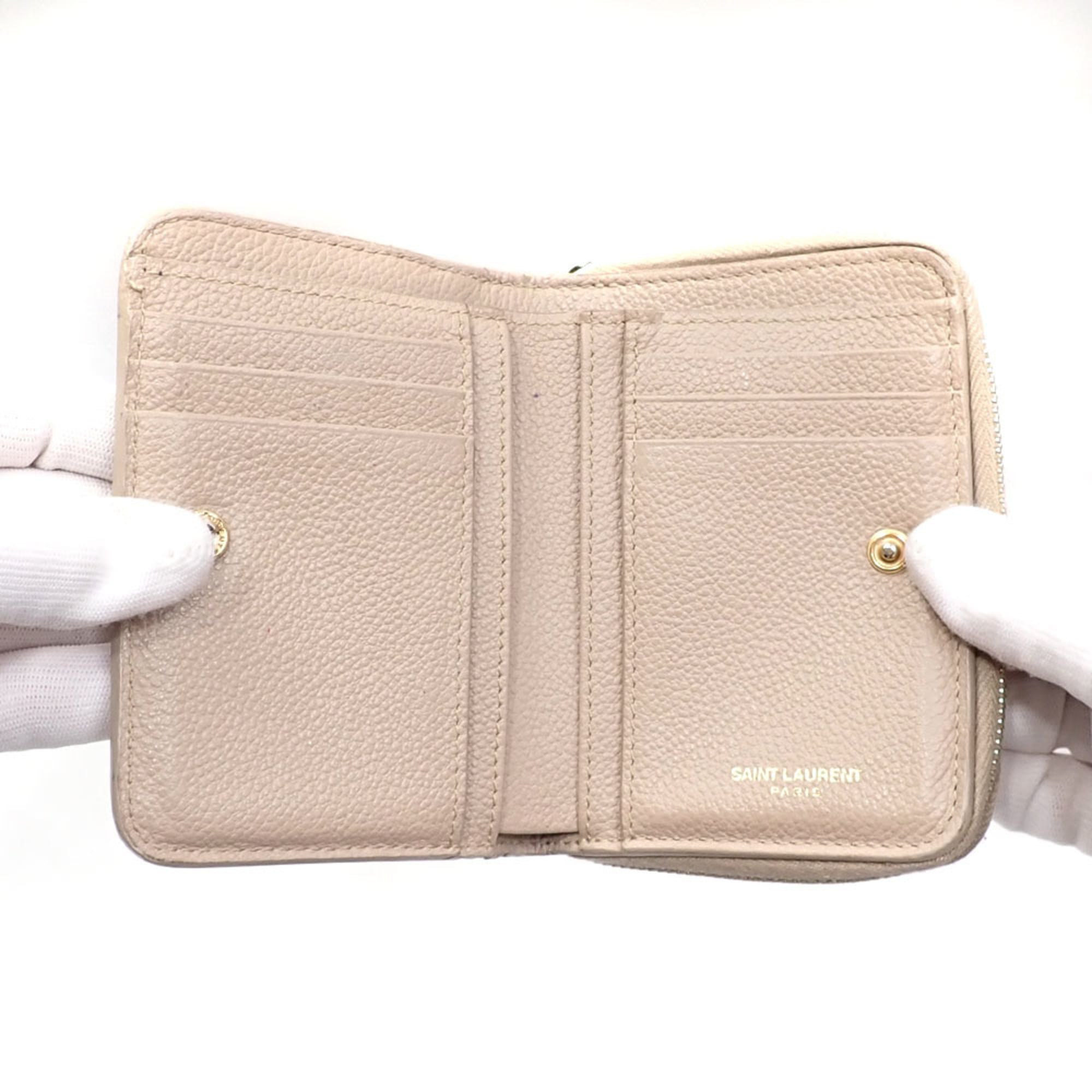 Saint Laurent Cassandra Bifold Wallet, Women's Beige Grained Leather Compact Zip Wallet