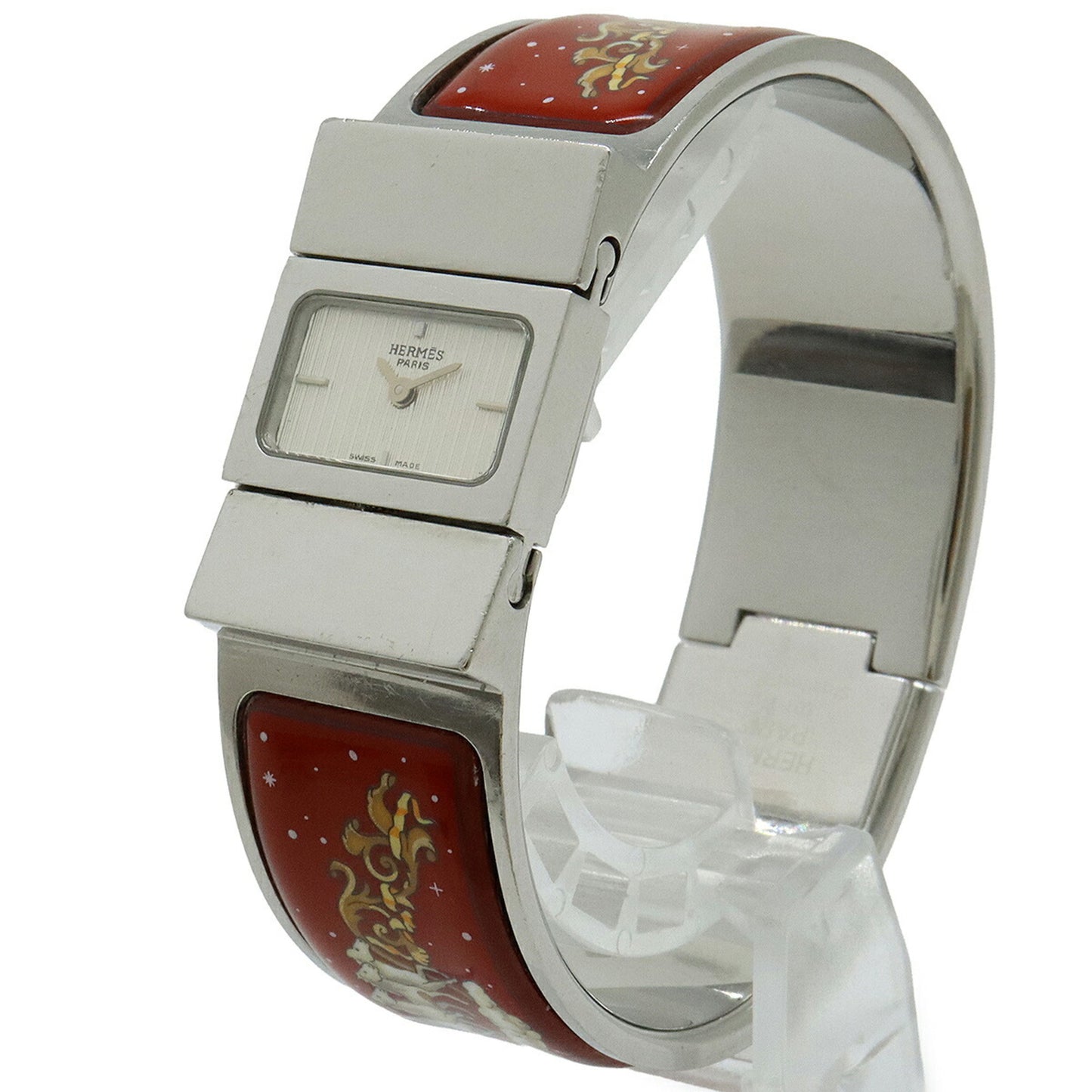 HERMES Locé Silver Dial Bangle GP Enamel Women's Quartz Watch LO1.210