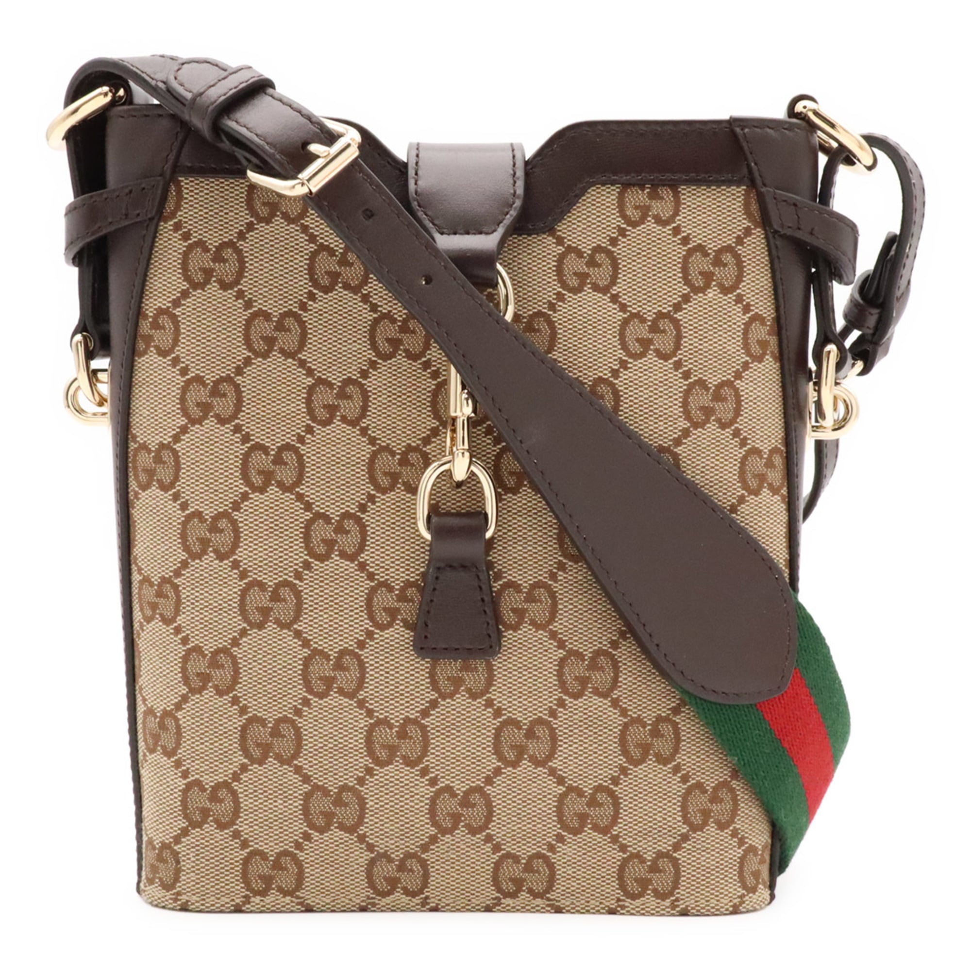 GUCCI GG Canvas Mini Bucket Bag Shoulder Leather Beige Dark Brown Green Red 782919 — Like New