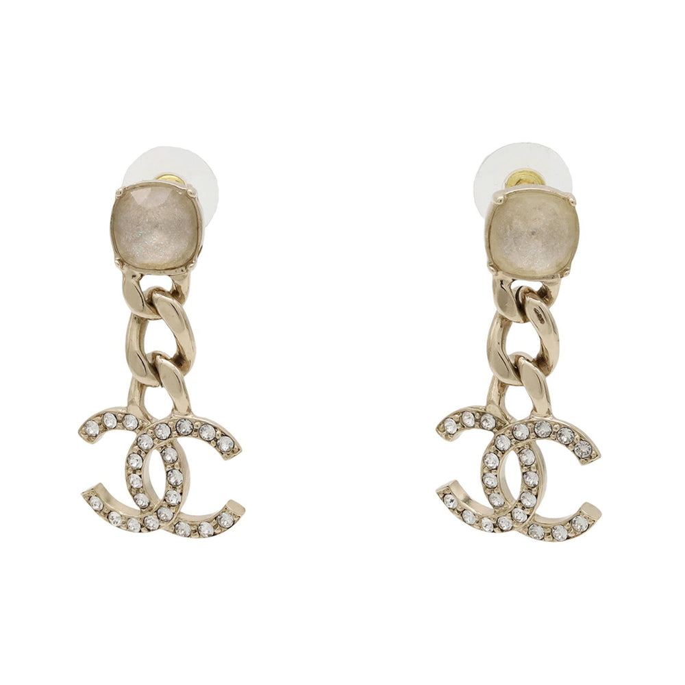 CHANEL Coco Mark Chain Swing Earrings GP Crystal Rhinestone Gold C23C — Like New