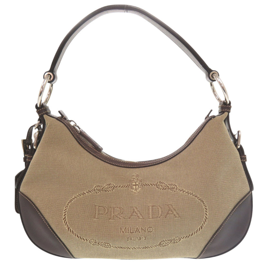 Excellent condition Prada logo jacquard canvas bag BR3429 with silver hardware, semi-shoulder or one-shoulder style, brown leather, 0505
