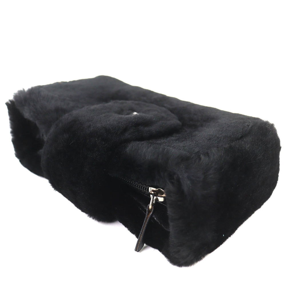 CHANEL Vintage Coco Mark Leather and Orilag Fur Pouch, Black with Silver Hardware, Comes Box, Made in Italy, Women's — Like New