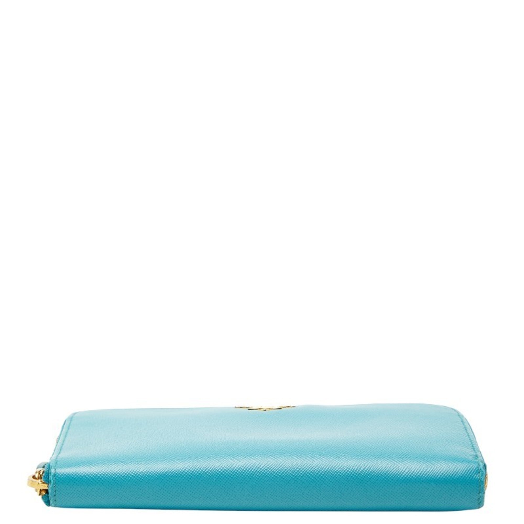 Prada Women's Round Zip Long Wallet 1M0506 Blue Saffiano Leather